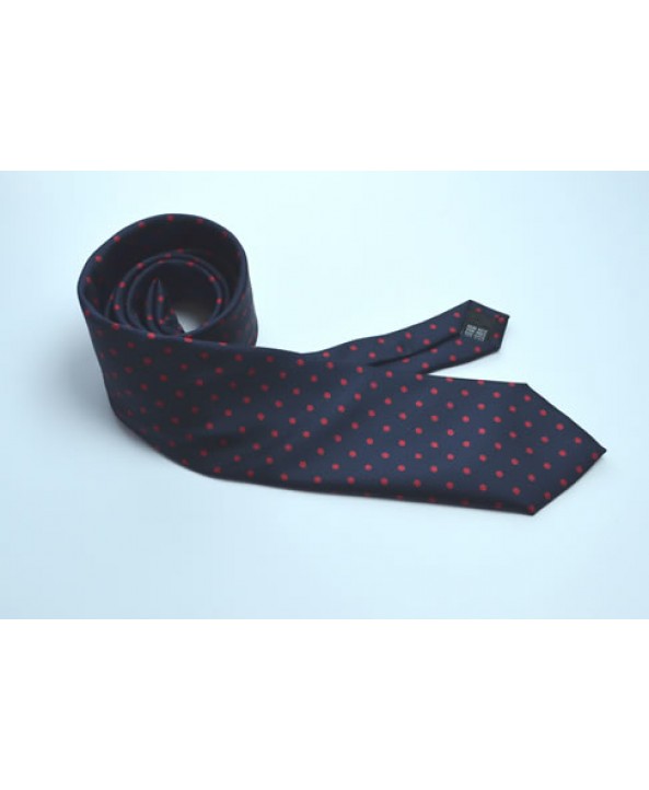 Fine Silk Spotted Tie with Red  Polka Dot Spots on Navy Blue